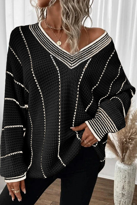 Black Striped V-Neck Sweater