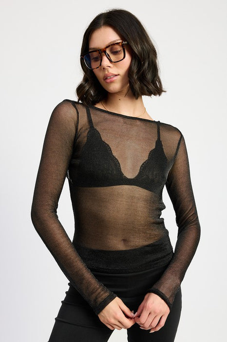 BOAT NECK METALLIC SHEER TOP | Black