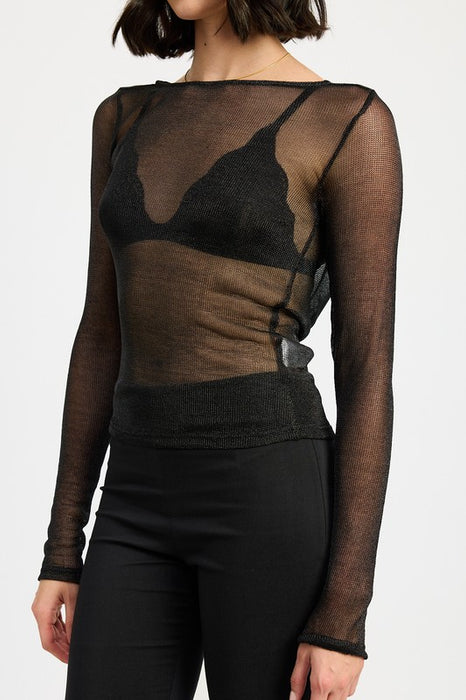 BOAT NECK METALLIC SHEER TOP | Black