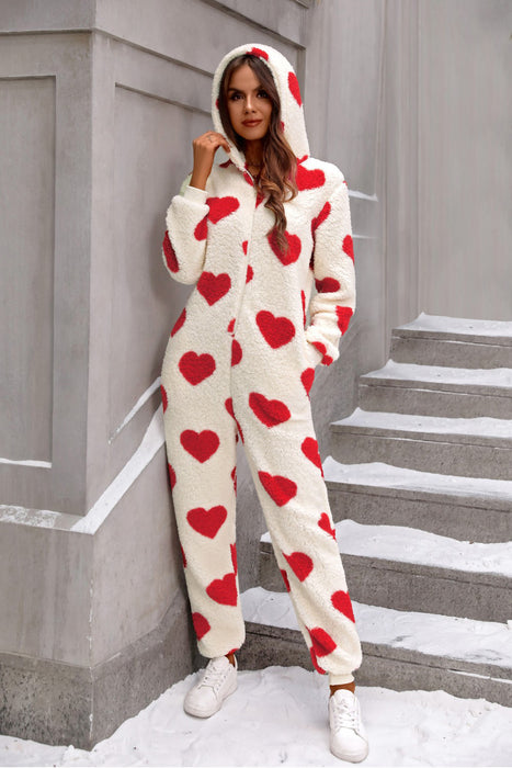 Heart Zip Up Hooded Lounge Jumpsuit | Loungewear | Onesie