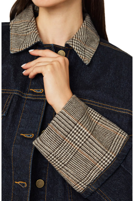 Women's Cropped Denim Jacket with Plaid Accent