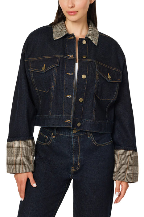 Women's Cropped Denim Jacket with Plaid Accent