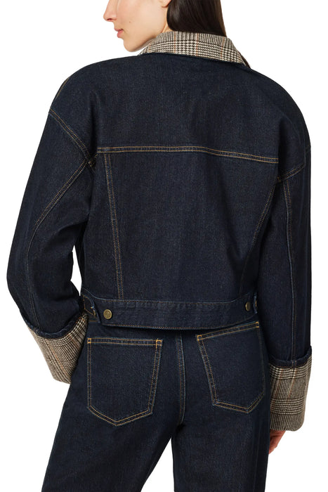 Women's Cropped Denim Jacket with Plaid Accent