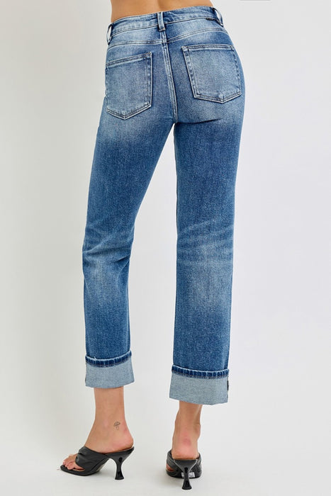 High Rise Crop Straight Roll Up Jeans