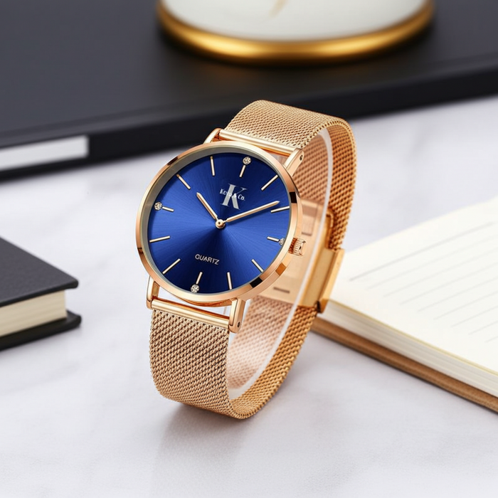 Women's Rose Gold Watch | Blue Dial| Quartz Movement | Crystal Accent
