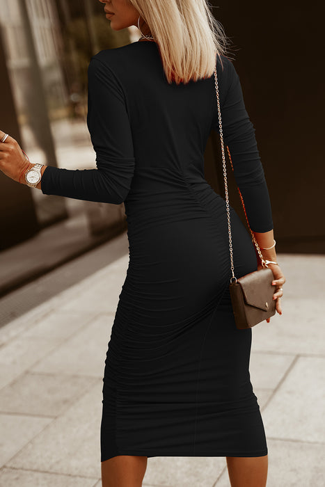 Ruched Long Sleeve Midi Dress