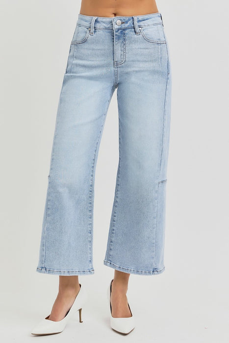 High Rise Seamed Detail Wide Leg Crop Jeans