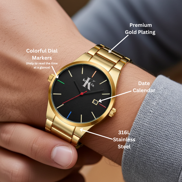 Keyo & Co. | Men's Gold Prestige Watch | Black Dial| Quartz Movement | Water Resistant