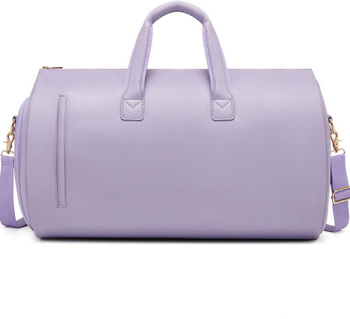 Lavender duffel bag with gold accents on a white background