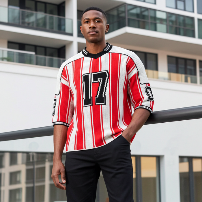 Men's Number Striped Short Sleeve Knit Top