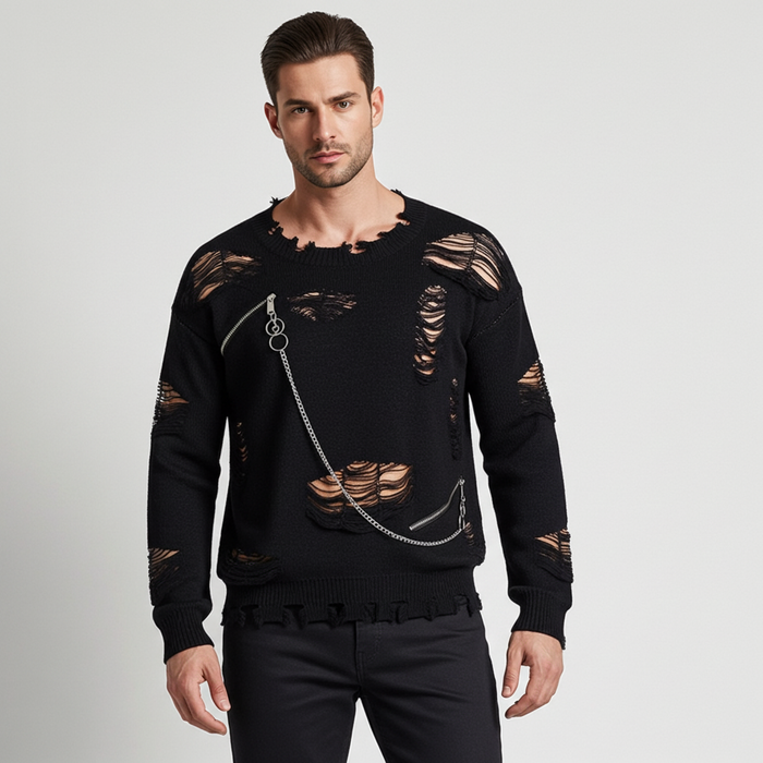 Men's Distressed Chain Oversized Sweater