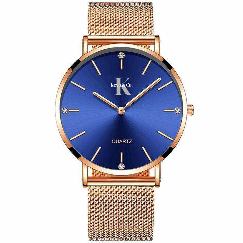 Keyo & Co. Stainless Steel Rose Gold Watch Blue Face 2Day Shipping